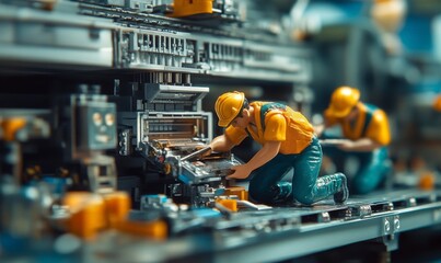 Naklejka premium Miniature workers fixing a giant printer jam, crawling inside the machine with tools in hand