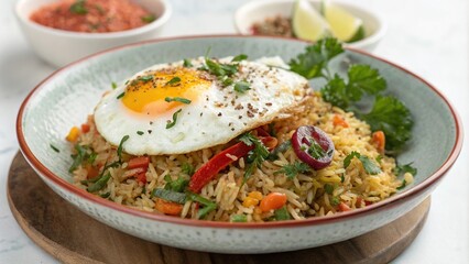 Colorful plate of rice topped with a fried egg and a medley of herbs and spices, rice, meal