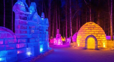 Magical winter night at illuminated ice sculpture park