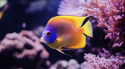 Obraz premium Vibrant yellow and blue angelfish swimming near coral reef.