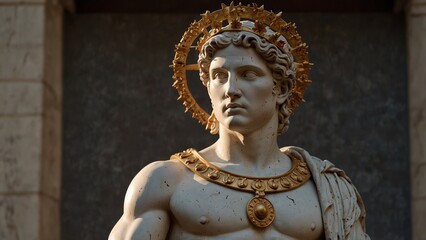 Statue of Apollo, the god of light, dressed in a lavish robe, wearing a laurel crown, holding a golden bow, set against the rising sun, with finely detailed carvings portraying him as the symbol of li