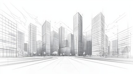 A city skyline with tall buildings and a large empty road