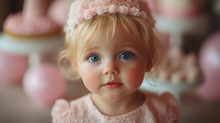 Baby celebrates first birthday with cake and festive decorations at home