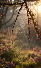 Dew-kissed cobweb droplets cling to the delicate branches of heather as morning sun casts a warm glow over the landscape, nature photography, heather