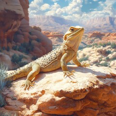Fototapeta premium A bearded dragon basks on a sunlit rock, showcasing its vibrant scales against a stunning desert landscape, This image is ideal for nature documentaries, reptile care guides, or wildlife education,