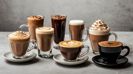 Various hot beverages drinks. Different coffee drinks assorted isolated on white background. Coffee set collection. mocha, tea, green tea, hot chocolate, black coffee, Macha, cappuccino, iced coffee.