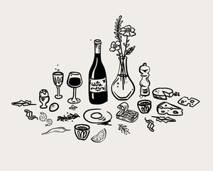 Whimsical hand drawn quirky style vector table illustration