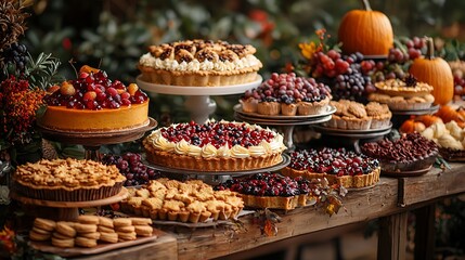 Fototapeta premium A detailed Thanksgiving dessert table with an assortment of pies, cookies, and a pumpkin cake, decorated with fall-themed accents 