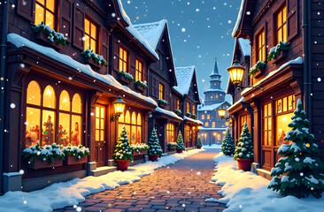 Obraz premium Winter street in a charming village during a snowy evening with festive decorations