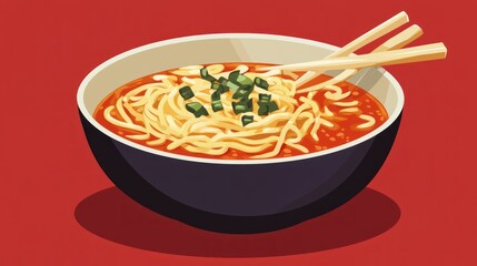 A bowl of noodles in a spicy red broth, garnished with green onions and chopsticks.