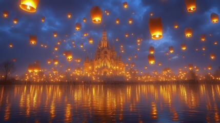 Enchanting lantern festival illuminates street at dusk in charming village setting