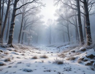 Naklejka premium Frosty forest landscape with snowflakes gently falling, snow-covered trees, winter wonderland, serene landscape