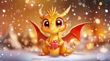 Fototapeta premium A golden baby cartoon dragon with red eyes looking at camera, holding a present