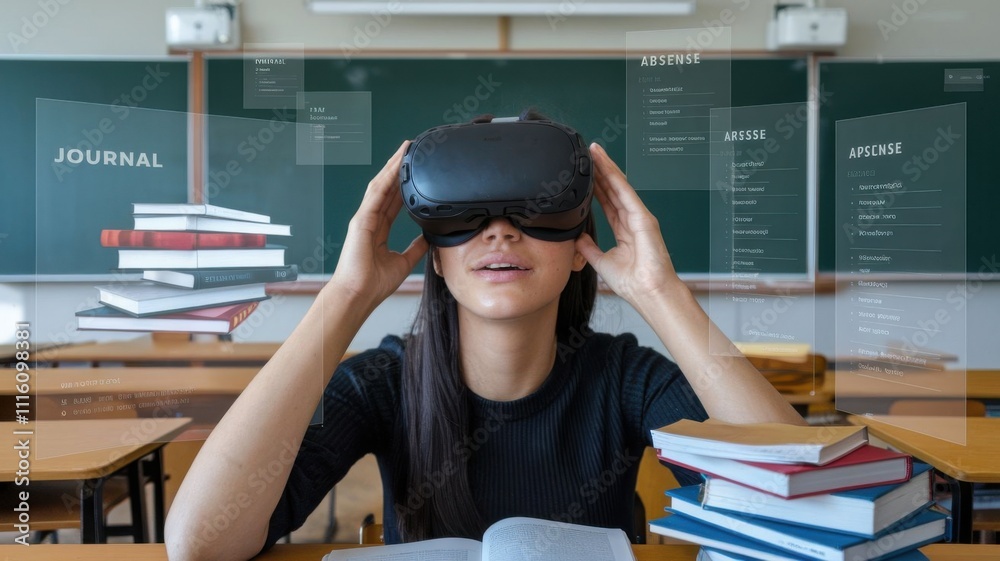 Poster a student using virtual reality in a classroom setting surrounded by books.