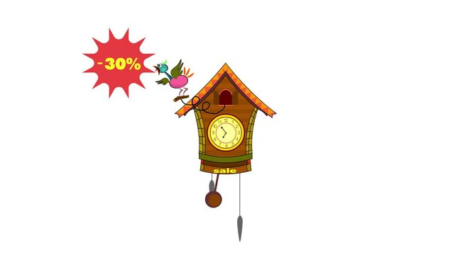 Animation, sale, advertising, discounts. The cuckoo flies out of the clock and talks about the discount.