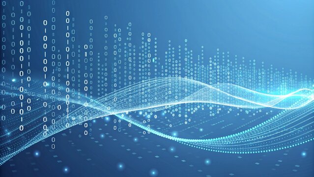 Digital wave of binary code on a blue abstract background.