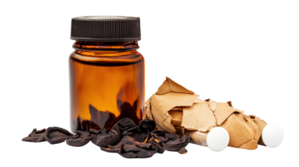 A glass jar filled with dark petals, accompanied by a crumpled paper and two white pills, suggesting a focus on herbal remedies or supplements.