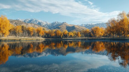 Tranquil Lake with Reflections of Autumn Trees and Colorful Foliage