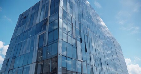 Modern office building with a sleek glass facade and metal accents against the bright blue sky , modern office building, blue sky, commercial, architecture, interior design