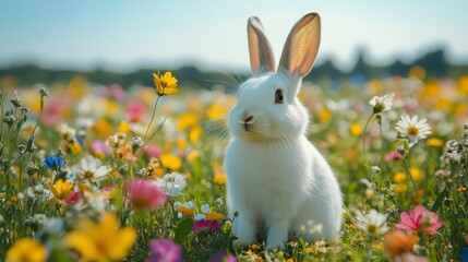White rabbit hopping through a vibrant wildflower field on a sunny day in spring