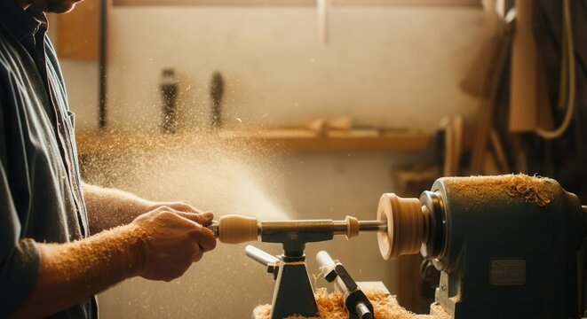 Artisan woodworker shaping piece on lathe in workshop