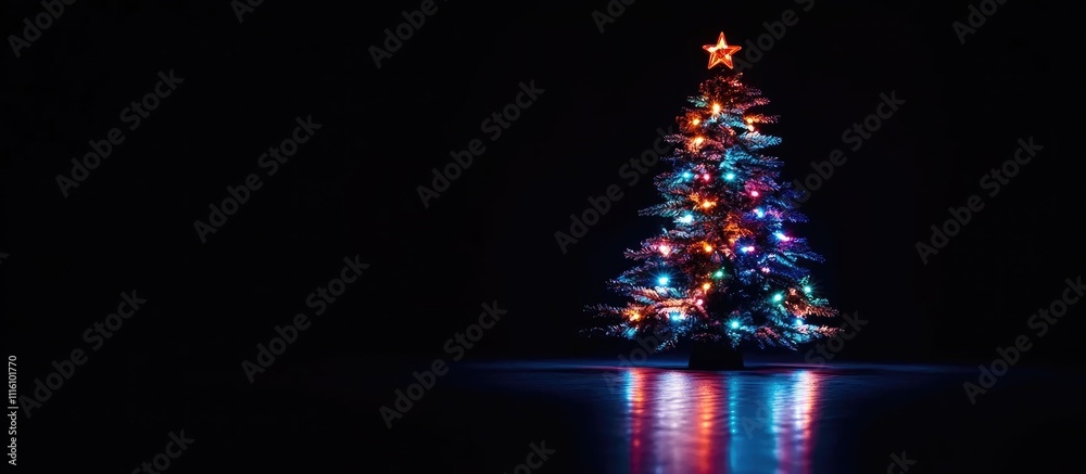Poster colorful christmas tree adorned with vibrant lights illuminated against a dark background creating a
