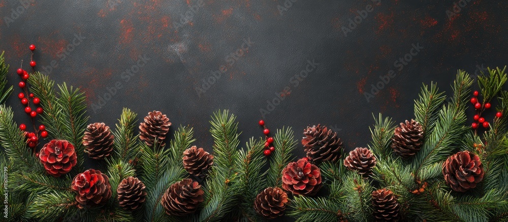 Poster chalkboard background with christmas pine branches and cones creating a festive decoration space for