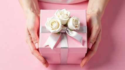 Top view Female Hands holding pink gift box with bow and flowers on pink background. Women's Day. Luxury gift box, retail promotions, discount events and big sale offer