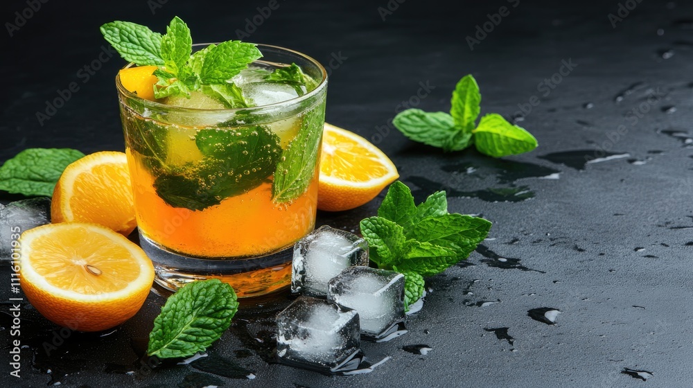 Poster refreshing summer cocktail with mint and citrus served on a dark background featuring ice and lemon 