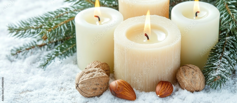 Poster candles surrounded by fir branches and nuts on snow creating a cozy holiday atmosphere