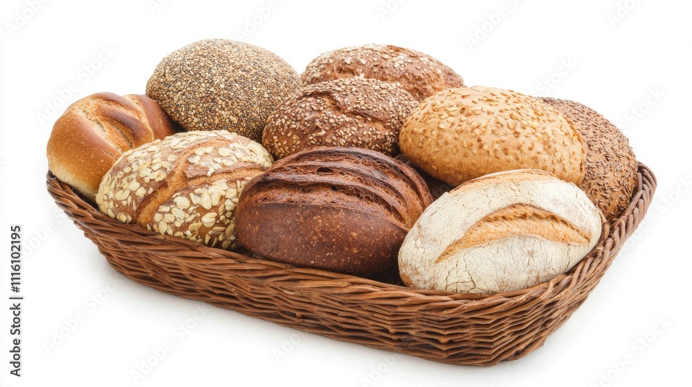 Poster assorted artisan bread loaves in a wicker basket on a white background showcasing a variety of textu