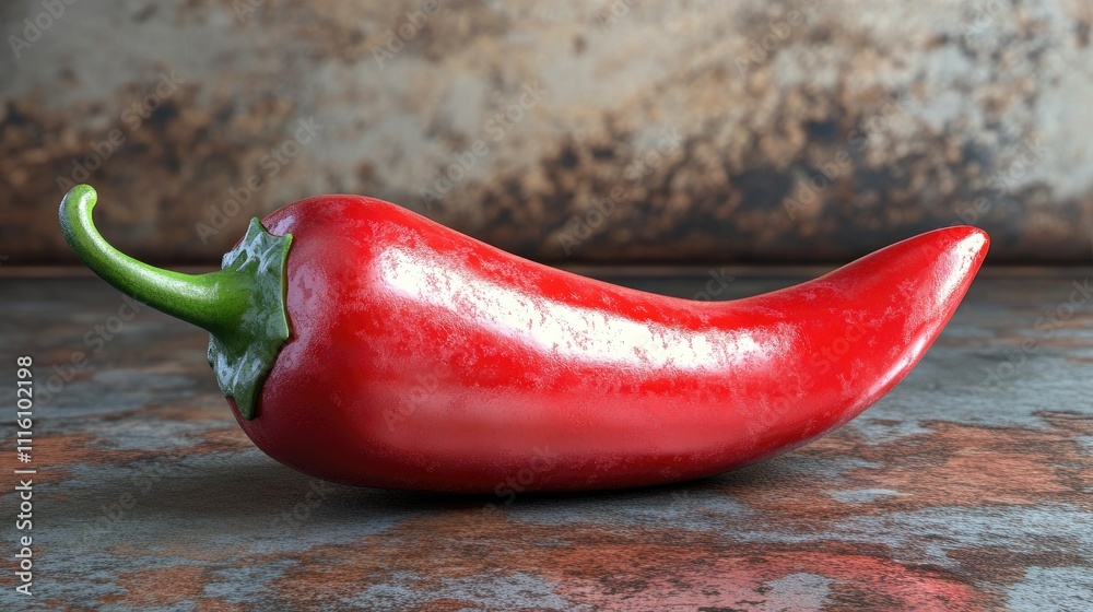 Poster Vibrant red jalapeno pepper positioned on a rustic background showcasing its glossy texture and unique shape for culinary and food styling use.