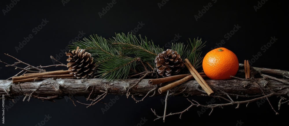 Poster art installation with spruce twigs pine cone mandarin and cinnamon sticks on a black background show