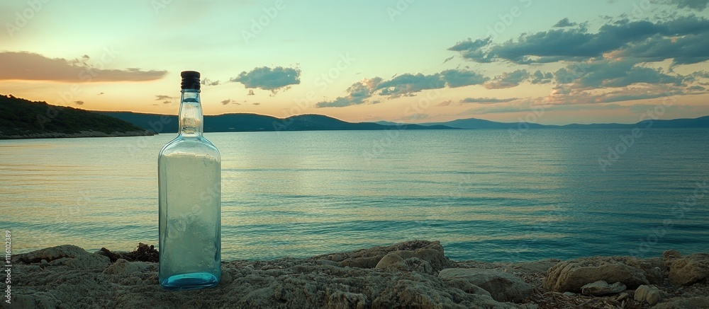 Aufkleber Bottle resting on rocky shore at sunset with serene ocean view and colorful sky in background creating a tranquil atmosphere.