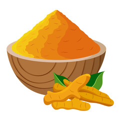 Haldi Powder with Turmeric Root Herb Illustration Isolated on White Background