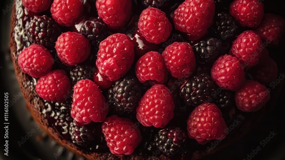 Poster chocolate cake topped with fresh raspberries and blackberries on a dark plate creating an elegant de