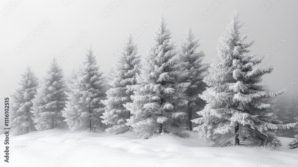 Poster snowy spruce forest in black and white with fog covering the landscape and creating a serene winter 