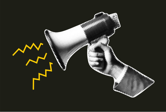 Halftone megaphone illustration lightning bolts. Announcement message megaphone digital background.