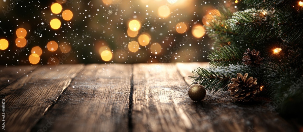 Poster wooden tabletop with christmas decor and bokeh background for product display during festive season 