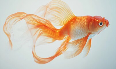 3D goldfish swimming gracefully, with flowing fins and a subtle orange hue against a clean white background