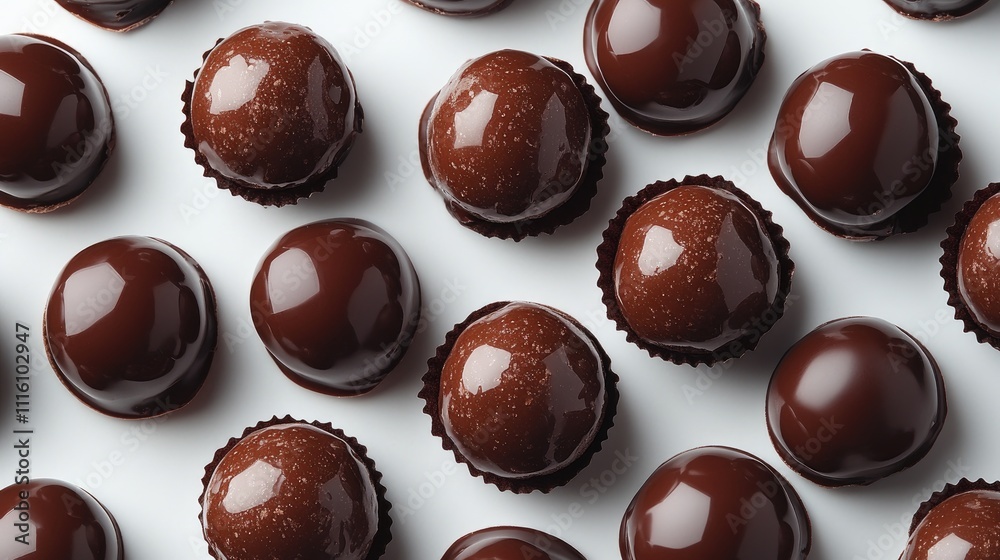 Poster Chocolate truffles arranged in a neat pattern on a white background showcasing a variety of textures and glazes in a top view perspective