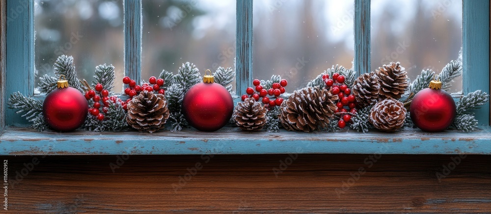 Poster rustic christmas decorations with red ornaments pinecones and greenery on an aged wooden window sill