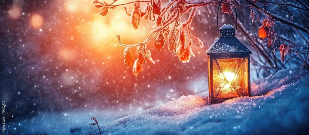 Aufkleber Enchanting winter scene with glowing lantern and snowflakes creating a perfect holiday greeting card template with ample copy space.