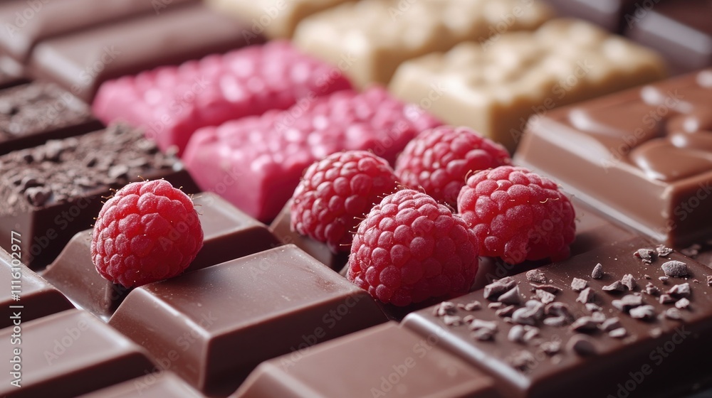 Poster assorted chocolate bars with fresh raspberries displayed on a wooden table showcasing a delightful d