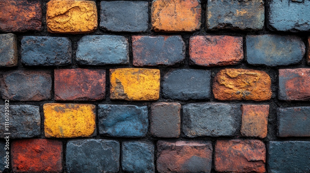 Poster Textured close up of aged bricks displaying vibrant colors and weathered details creating a rustic and historical ambiance.