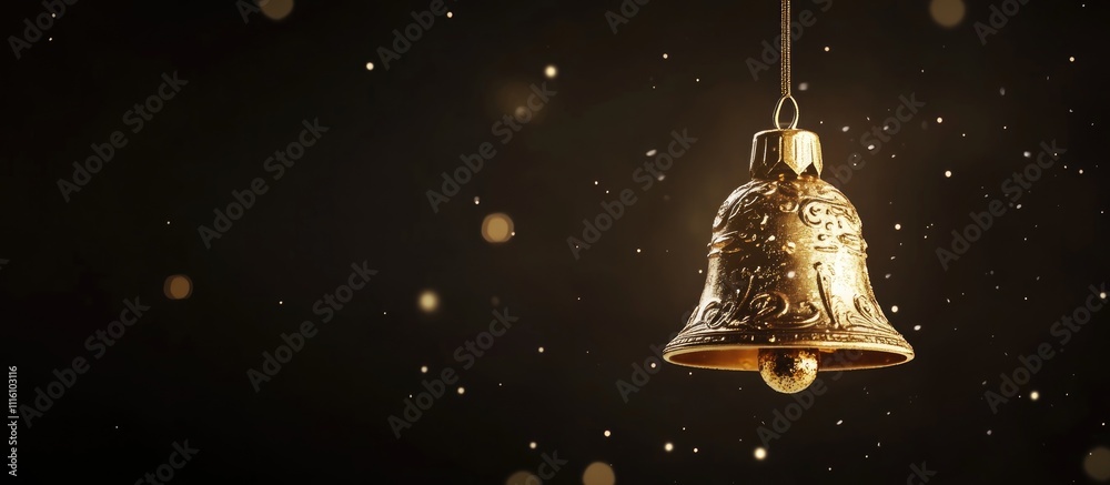 Aufkleber golden christmas bell ornament detailed view with soft bokeh background space for text showcasing fe