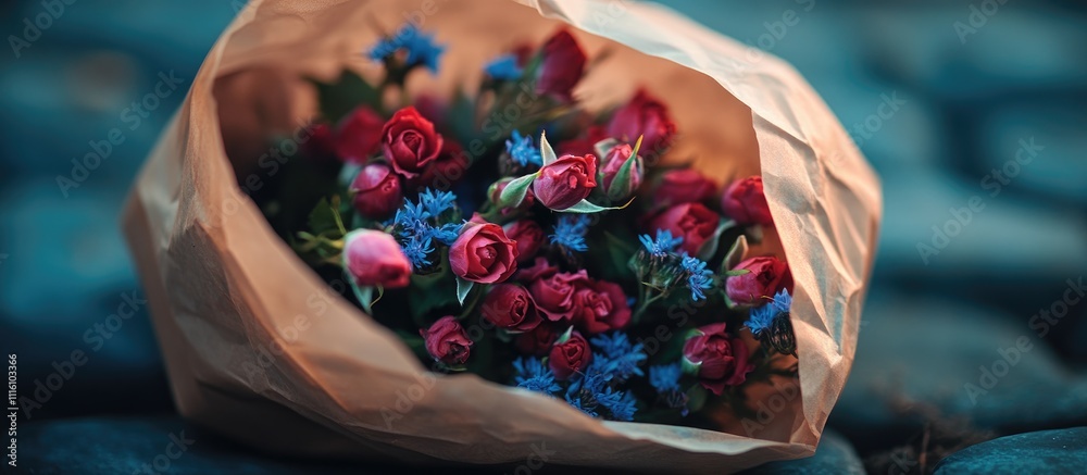 Poster bouquet of limonium sweetness and roses wrapped in parchment paper with studio lighting macro shot o