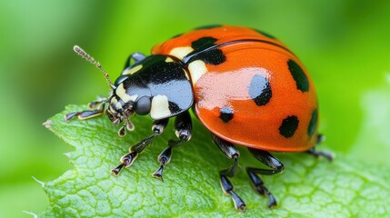 A close-up of a vibrant ladybug on a green leaf, showcasing its distinct colors and patterns.