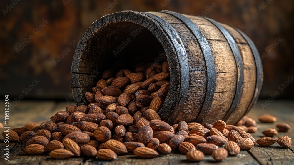Poster Almonds cascading from a rustic wooden bucket on a textured wooden surface creating a warm and inviting natural scene