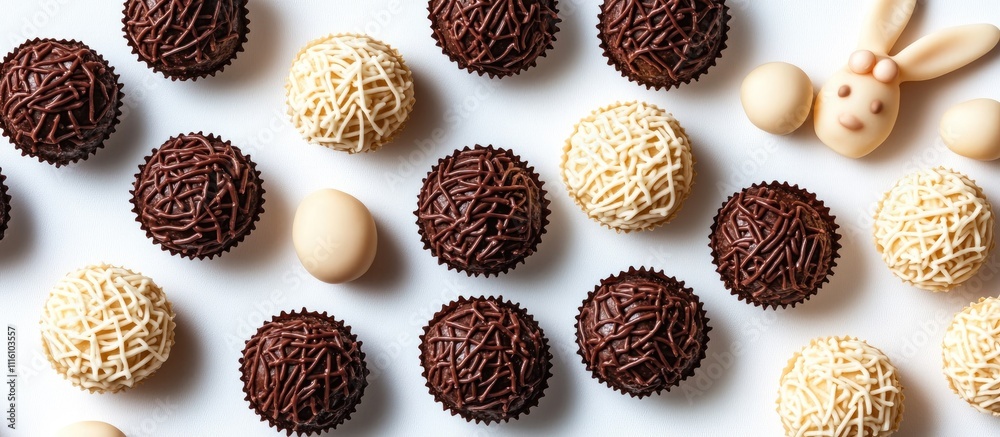 Aufkleber Brazilian brigadeiros and an Easter bunny puppet arranged on a white background creating a festive and playful confectionery display